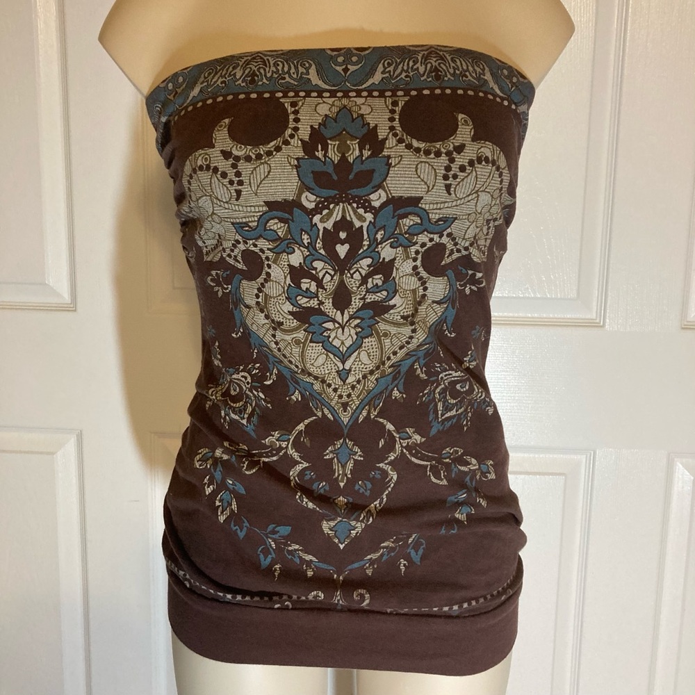 FANG Brown Strapless Boho Print Tube Top with Blue and Cream Details